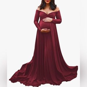 Maternity Off Shoulders Half Circle Gown-Dress, Large, Burgandy